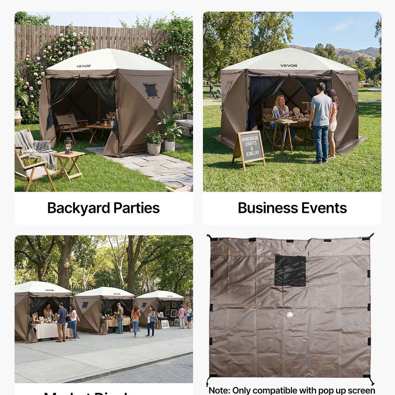 VEVOR nojumes sānu sienas 1,73 x 1,48 m, ar ūdensizturību un saules aizsardzību, 1 sānu siena ar rāvējslēdzēja durvīm un 2 ar logiem, piemērotas āra pasākumu teltīm un tirdzniecības stendiem, komplektā 6 gab., brūnas