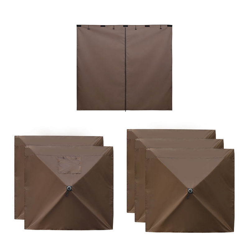 VEVOR nojumes sānu sienas 1,73 x 1,48 m, ar ūdensizturību un saules aizsardzību, 1 sānu siena ar rāvējslēdzēja durvīm un 2 ar logiem, piemērotas āra pasākumu teltīm un tirdzniecības stendiem, komplektā 6 gab., brūnas