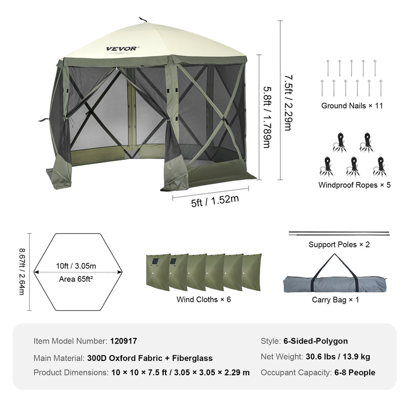 VEVOR 3.05 x 3.05 x 2.29 m nojume – 6-stūru Pop-Up, saules aizsardzība un ūdensnecaurlaidīga, aizsargkrāsas