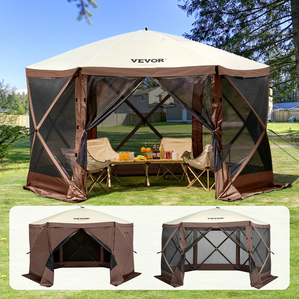 VEVOR 3.5 x 3.5 m Canopy – 6-Sided Pop-Up, Sun Protection and Waterproof, Brown