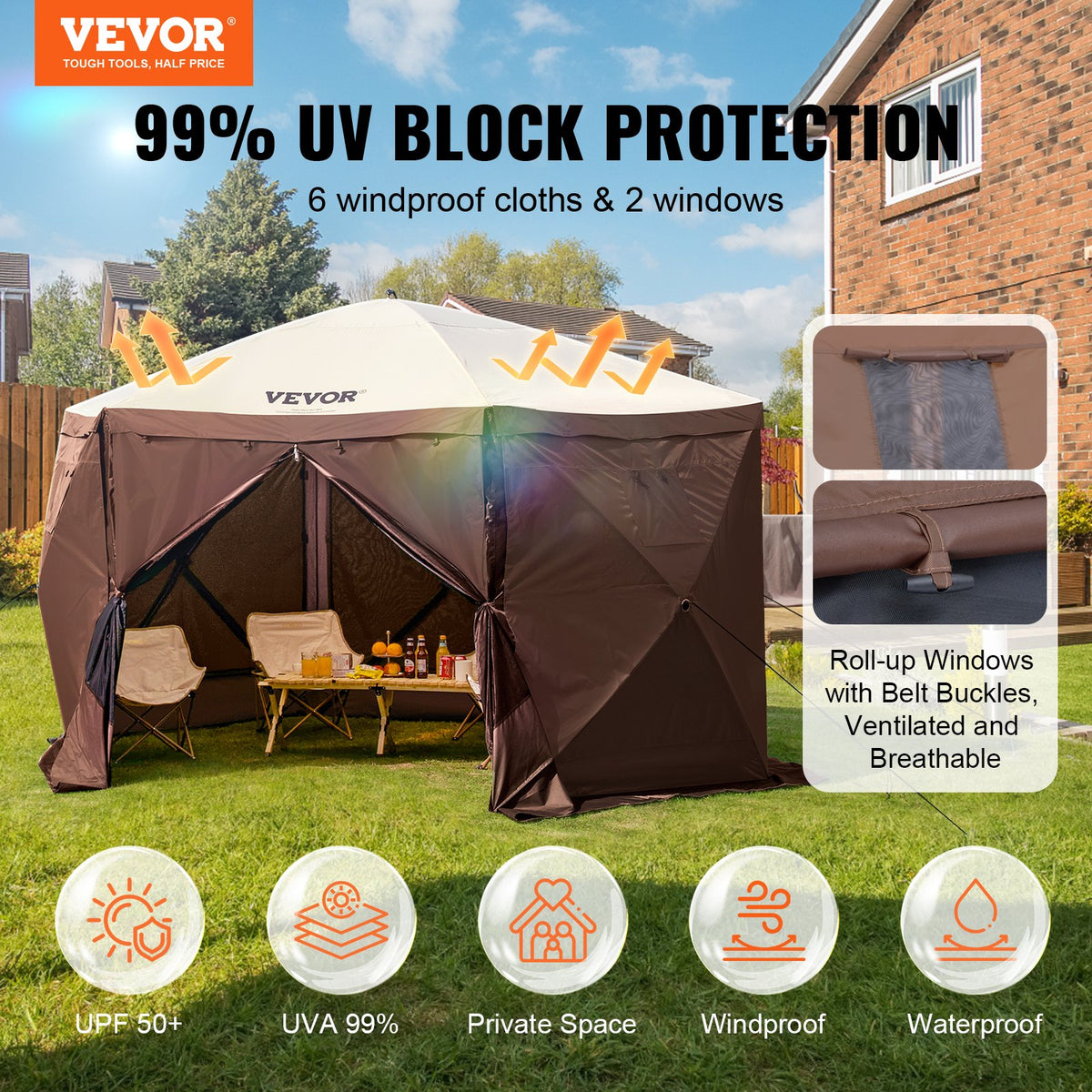 VEVOR 3.5 x 3.5 m Canopy – 6-Sided Pop-Up, Sun Protection and Waterproof, Brown