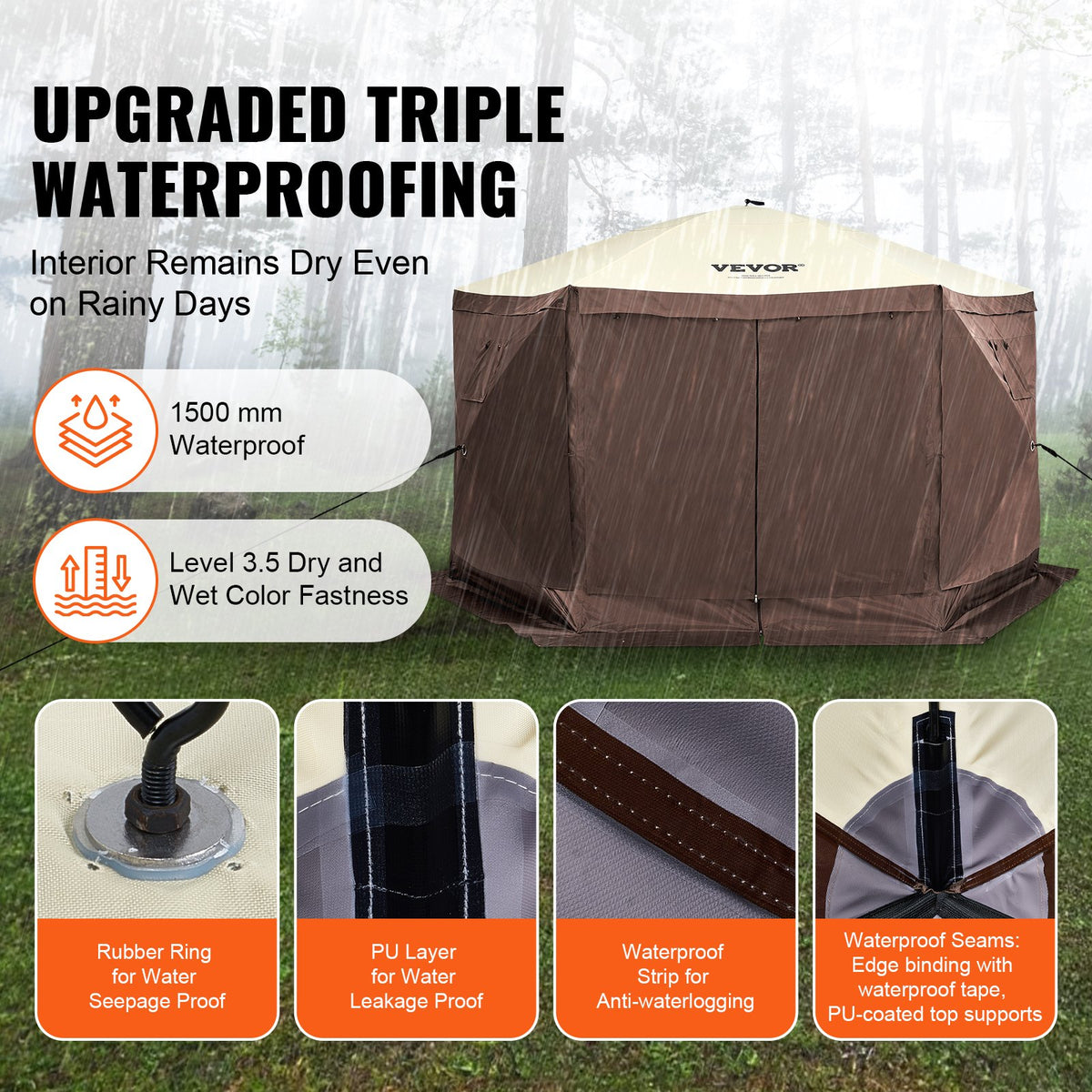 VEVOR 3.5 x 3.5 m Canopy – 6-Sided Pop-Up, Sun Protection and Waterproof, Brown