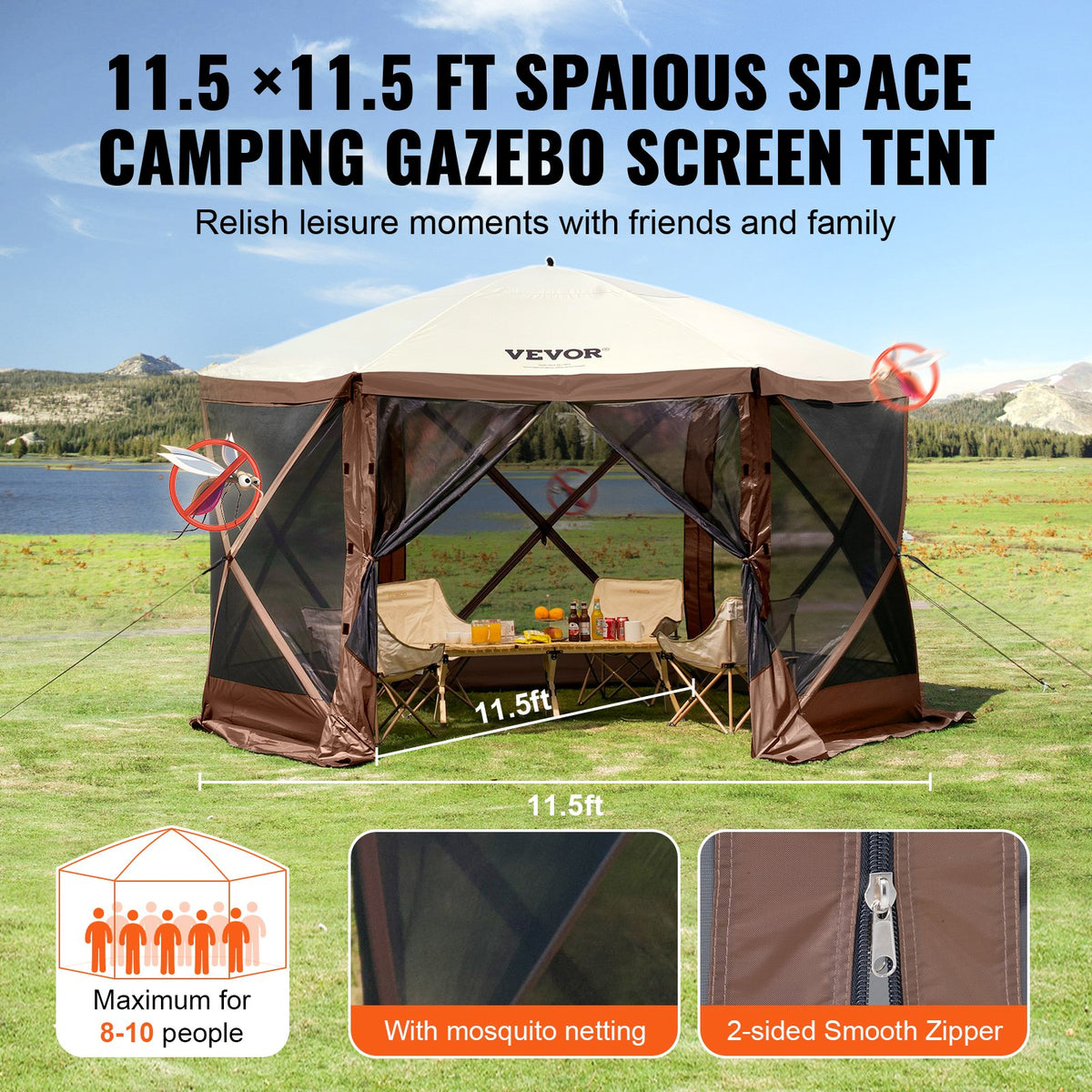VEVOR 3.5 x 3.5 m Canopy – 6-Sided Pop-Up, Sun Protection and Waterproof, Brown