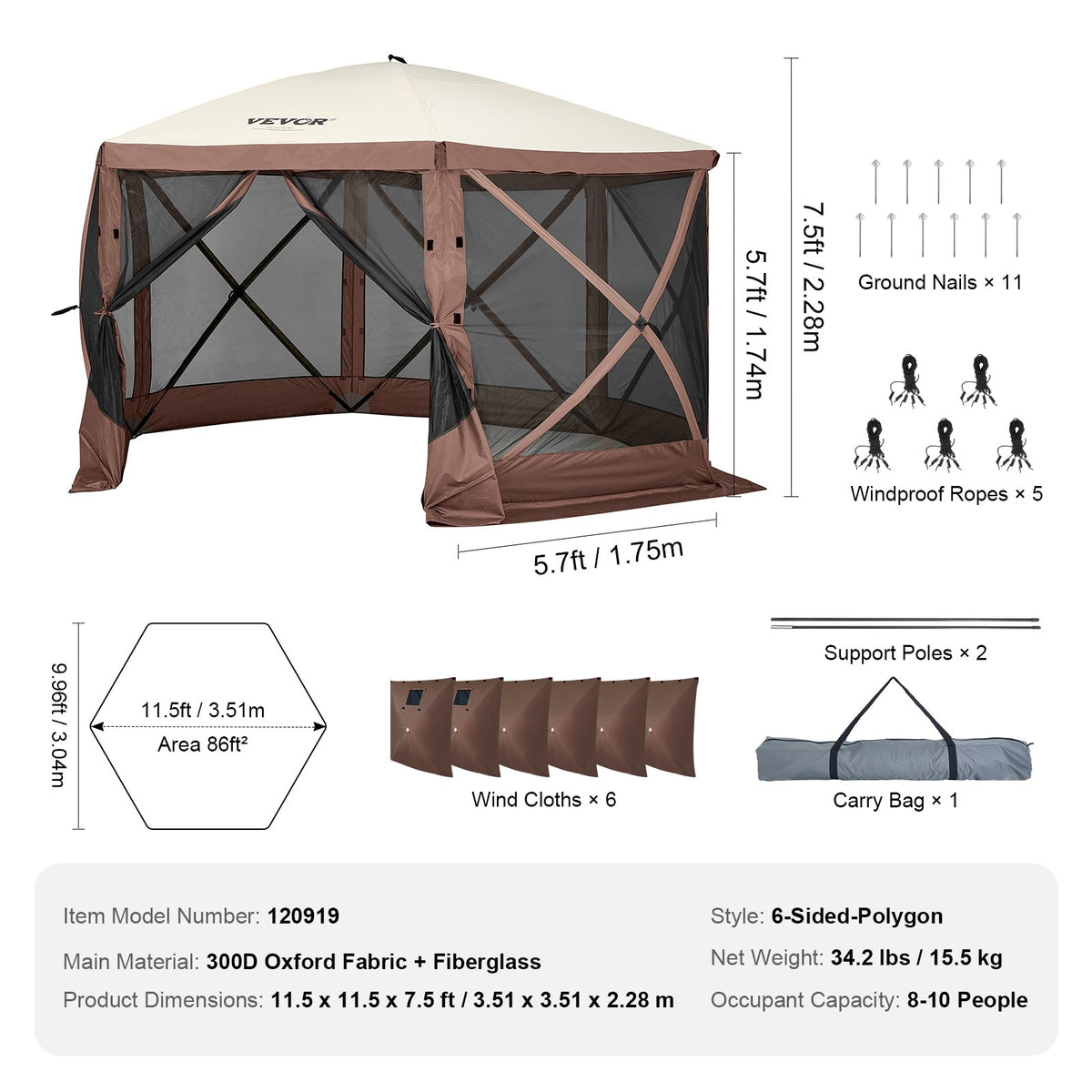 VEVOR 3.5 x 3.5 m Canopy – 6-Sided Pop-Up, Sun Protection and Waterproof, Brown