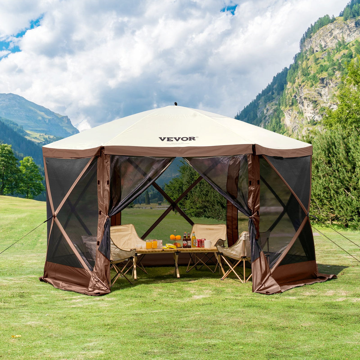 VEVOR 3.5 x 3.5 m Canopy – 6-Sided Pop-Up, Sun Protection and Waterproof, Brown