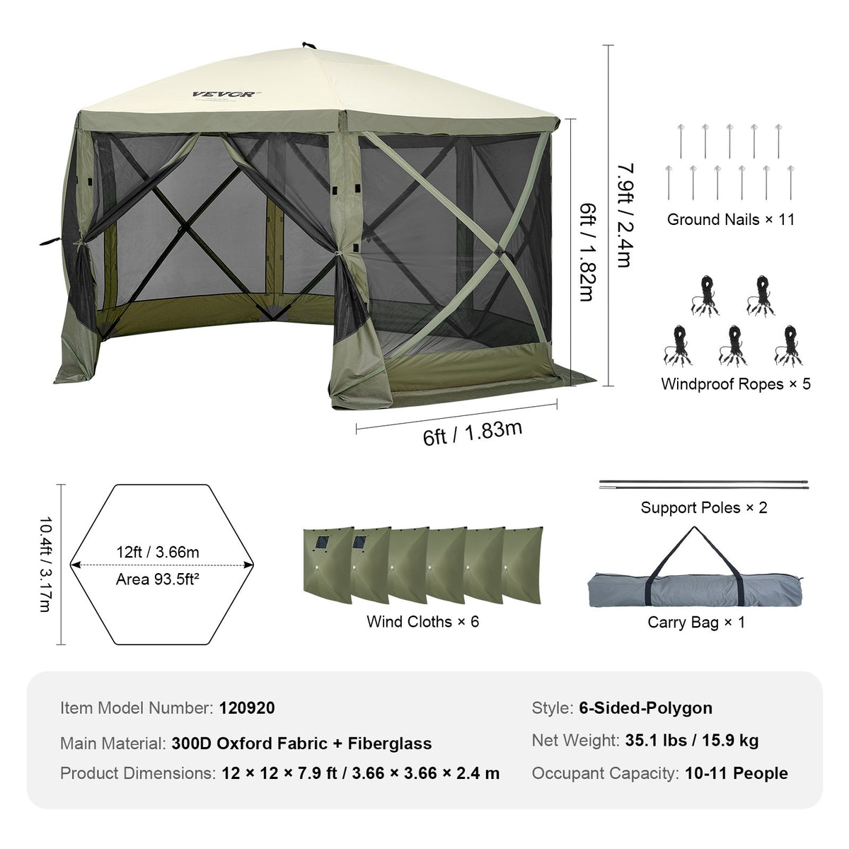 VEVOR 3.66 x 3.66 x 2.4 m nojume – 6-stūru Pop-Up, saules aizsardzība un ūdensnecaurlaidīga, aizsargkrāsas