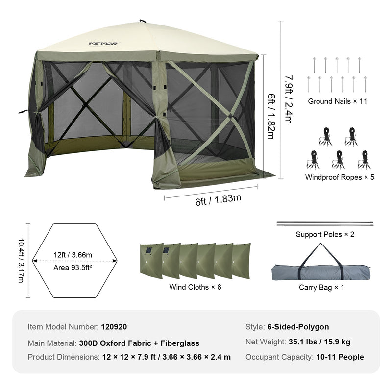 VEVOR 3.66 x 3.66 x 2.4 m nojume – 6-stūru Pop-Up, saules aizsardzība un ūdensnecaurlaidīga, aizsargkrāsas