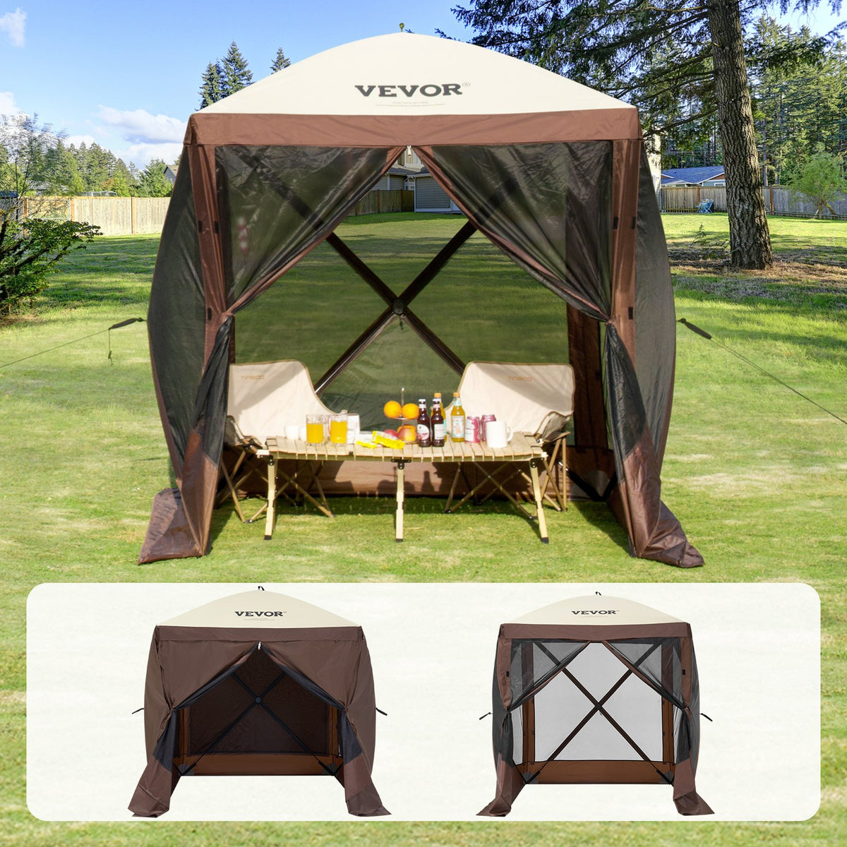 VEVOR 1,83 x 1,83 x 2,1 м nojume – 4-ст. Pop-Up, saules aizsardzība un ūdensnecaurlaidīga, brūna