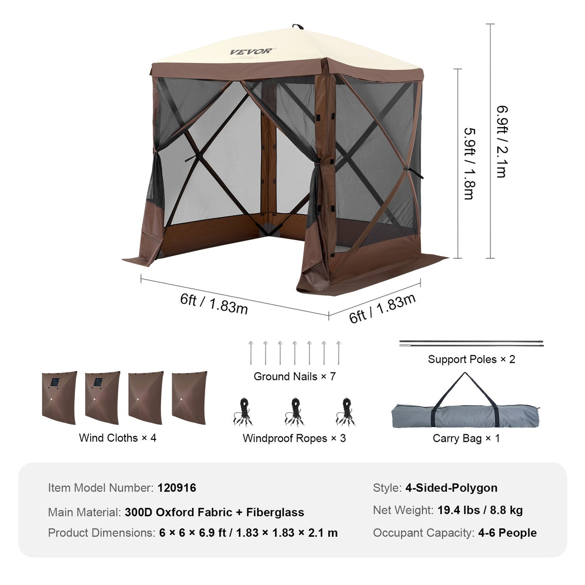VEVOR 1,83 x 1,83 x 2,1 м nojume – 4-ст. Pop-Up, saules aizsardzība un ūdensnecaurlaidīga, brūna
