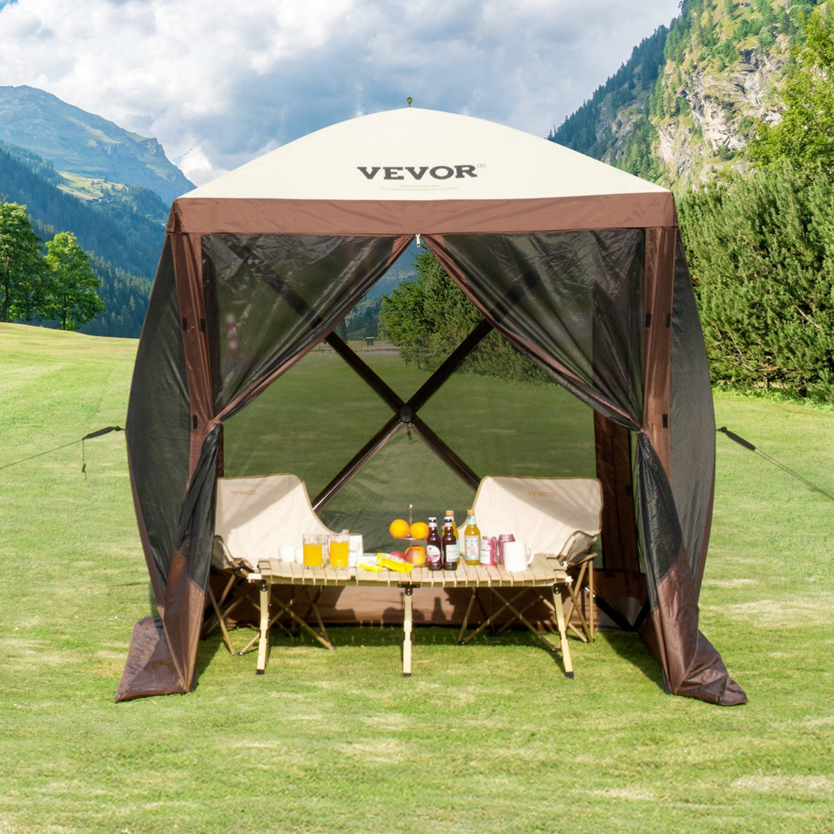 VEVOR 1,83 x 1,83 x 2,1 м nojume – 4-ст. Pop-Up, saules aizsardzība un ūdensnecaurlaidīga, brūna