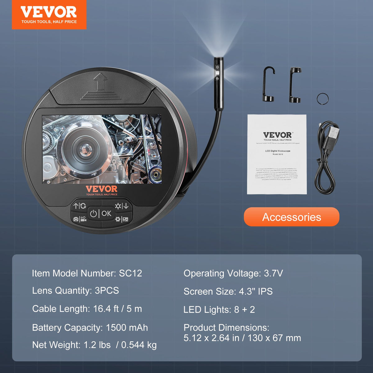 Бороскоп VEVOR с трехскатным экраном, эндоскопическая камера с экраном IPS 10,92 см и 8 + 2 светодиодами