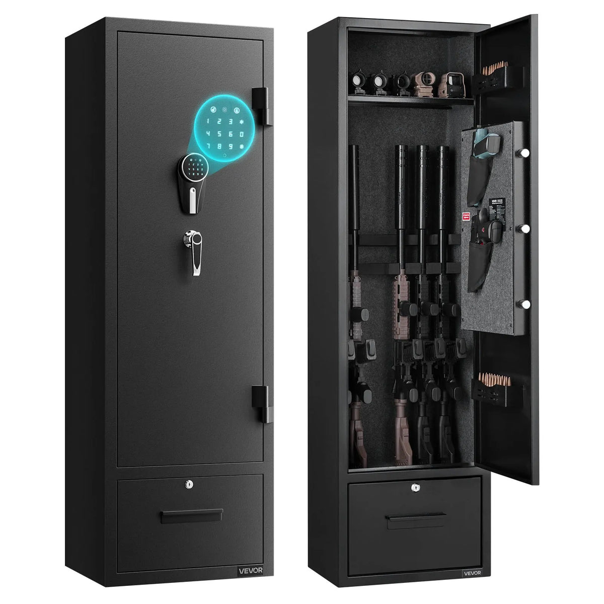 VEVOR Gun Safe for 4 Firearms, Long Gun and Pistol Cabinet with Quick Access Lock, 2 Ammunition Compartments, 2 Pistol Pockets and 2 Adjustable Shelves, Large Digital Cabinet with Key and Password