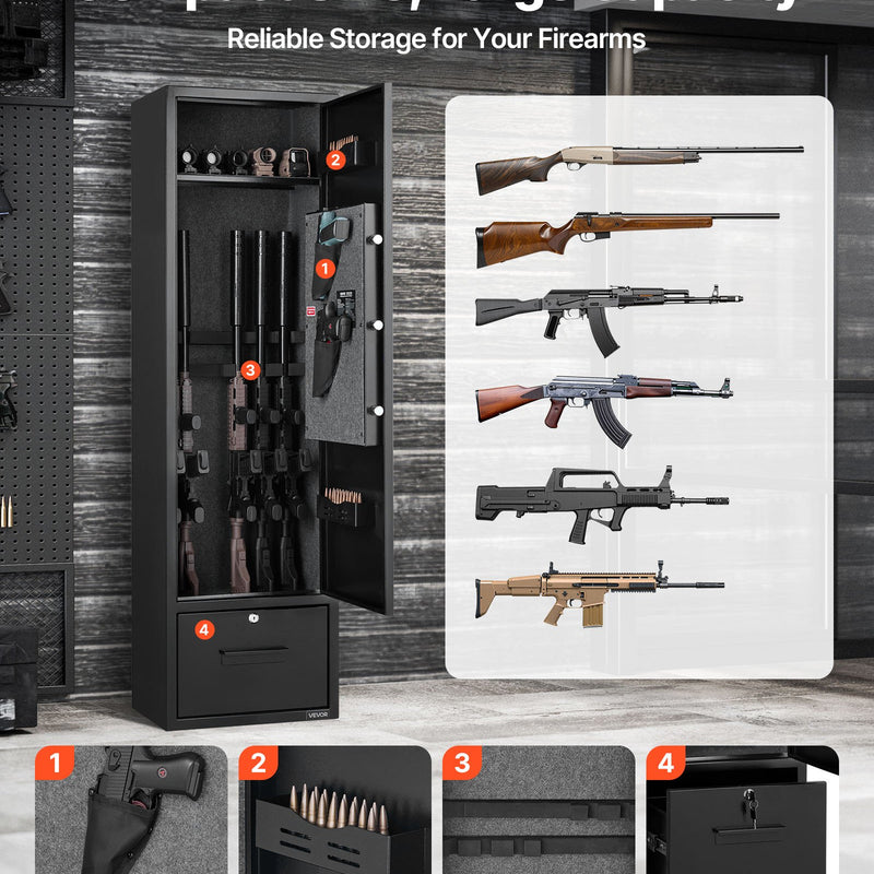 VEVOR seifs 4 šaujamieročiem, garo ieroču un pistoles skapis ar ātras piekļuves slēdzeni, 2 munīcijas nodalījumiem, 2 pistoles kabatām un 2 regulējamām plauktiem, liels digitālais skapis ar atslēgu un paroli