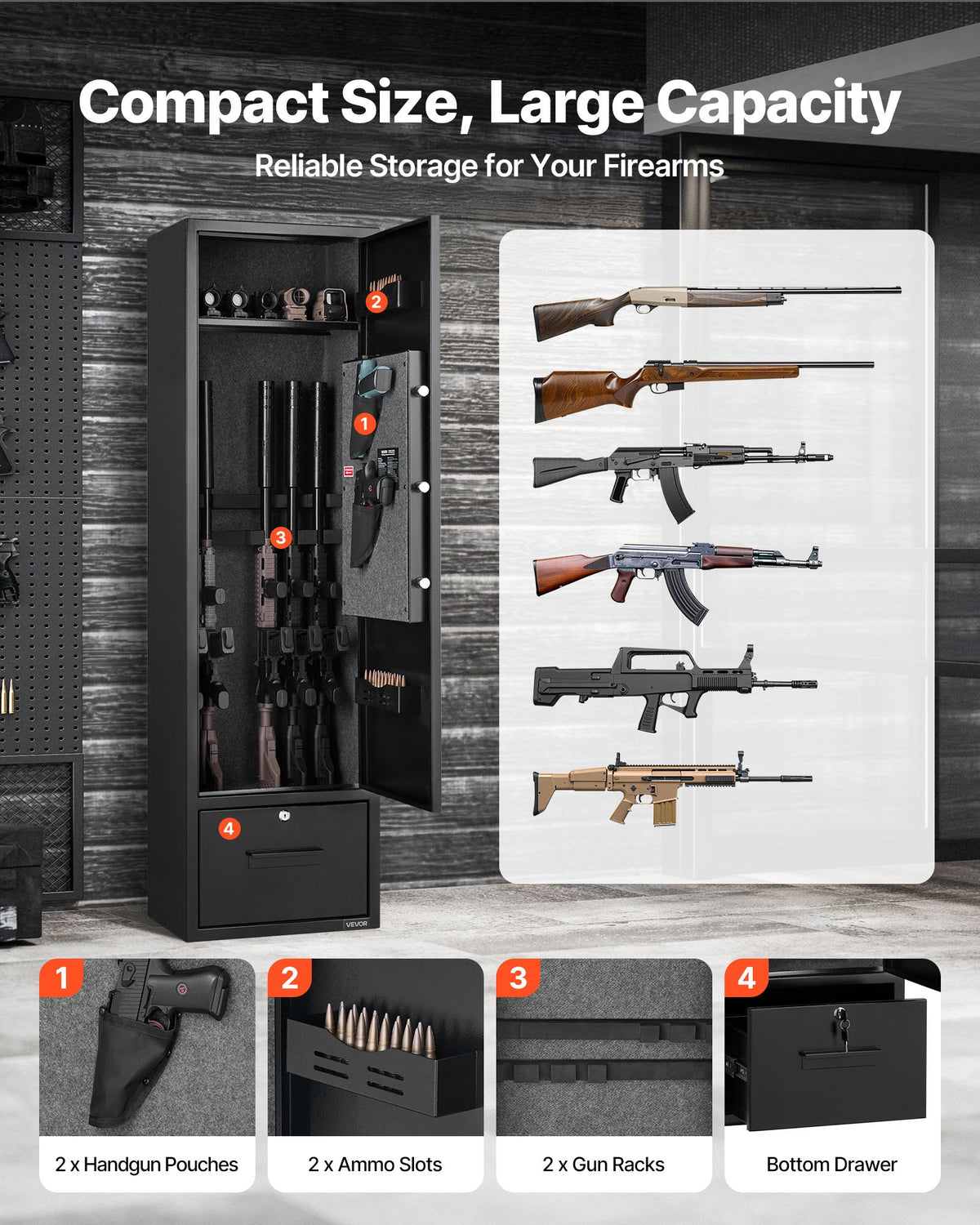 VEVOR Gun Safe for 4 Firearms, Long Gun and Pistol Cabinet with Quick Access Lock, 2 Ammunition Compartments, 2 Pistol Pockets and 2 Adjustable Shelves, Large Digital Cabinet with Key and Password