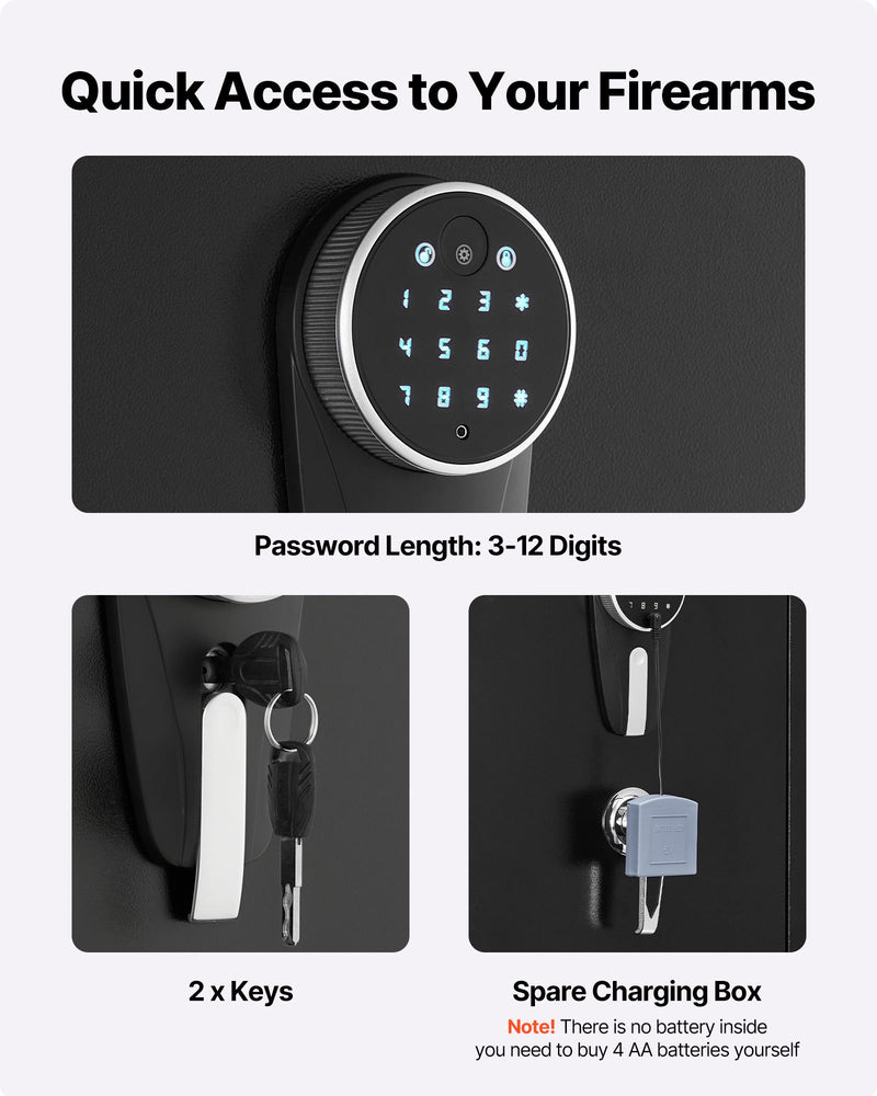 VEVOR seifs 4 šaujamieročiem, garo ieroču un pistoles skapis ar ātras piekļuves slēdzeni, 2 munīcijas nodalījumiem, 2 pistoles kabatām un 2 regulējamām plauktiem, liels digitālais skapis ar atslēgu un paroli