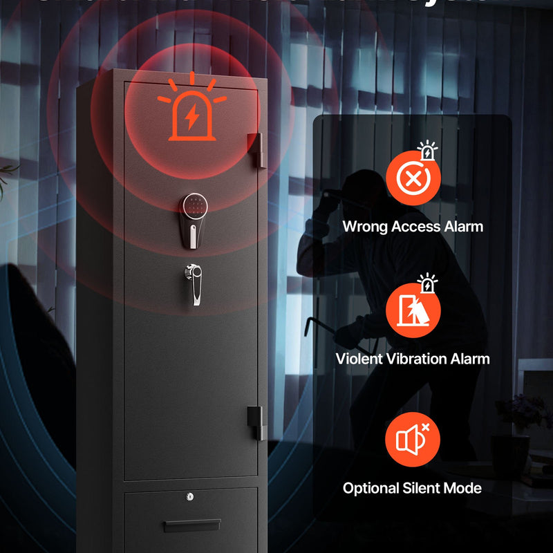 VEVOR seifs 4 šaujamieročiem, garo ieroču un pistoles skapis ar ātras piekļuves slēdzeni, 2 munīcijas nodalījumiem, 2 pistoles kabatām un 2 regulējamām plauktiem, liels digitālais skapis ar atslēgu un paroli