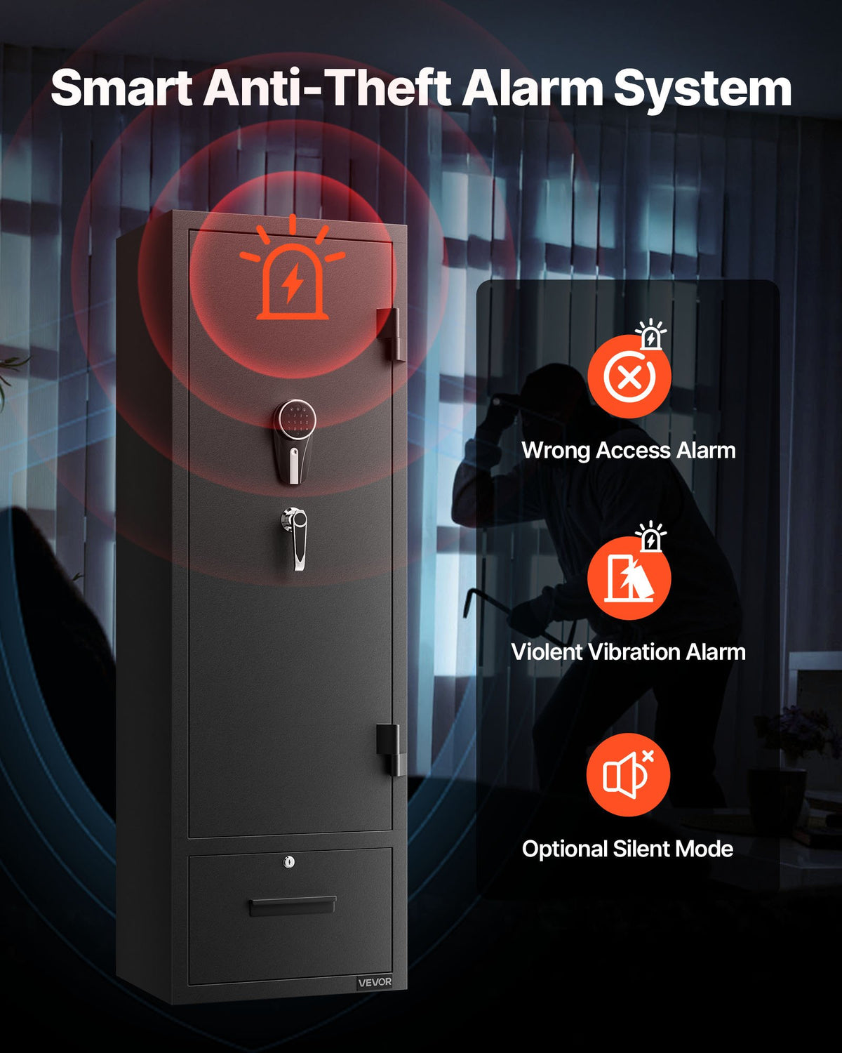 VEVOR Gun Safe for 4 Firearms, Long Gun and Pistol Cabinet with Quick Access Lock, 2 Ammunition Compartments, 2 Pistol Pockets and 2 Adjustable Shelves, Large Digital Cabinet with Key and Password