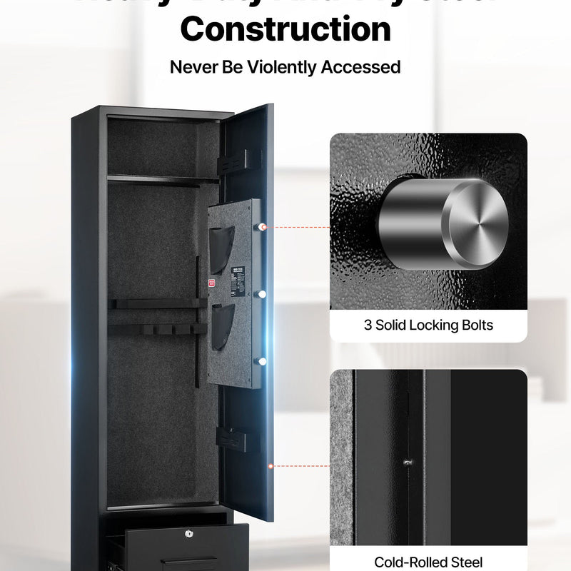 VEVOR seifs 4 šaujamieročiem, garo ieroču un pistoles skapis ar ātras piekļuves slēdzeni, 2 munīcijas nodalījumiem, 2 pistoles kabatām un 2 regulējamām plauktiem, liels digitālais skapis ar atslēgu un paroli
