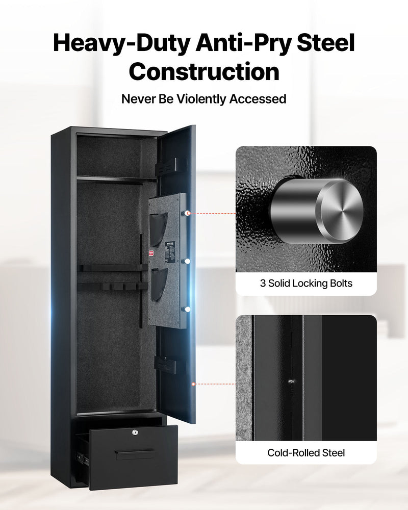 VEVOR seifs 4 šaujamieročiem, garo ieroču un pistoles skapis ar ātras piekļuves slēdzeni, 2 munīcijas nodalījumiem, 2 pistoles kabatām un 2 regulējamām plauktiem, liels digitālais skapis ar atslēgu un paroli