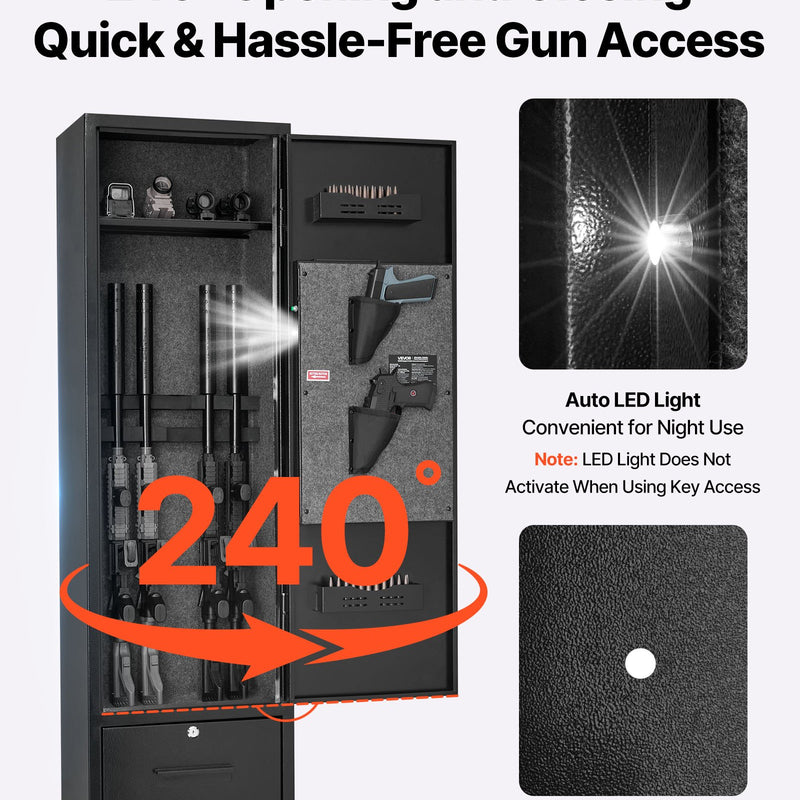 VEVOR seifs 4 šaujamieročiem, garo ieroču un pistoles skapis ar ātras piekļuves slēdzeni, 2 munīcijas nodalījumiem, 2 pistoles kabatām un 2 regulējamām plauktiem, liels digitālais skapis ar atslēgu un paroli