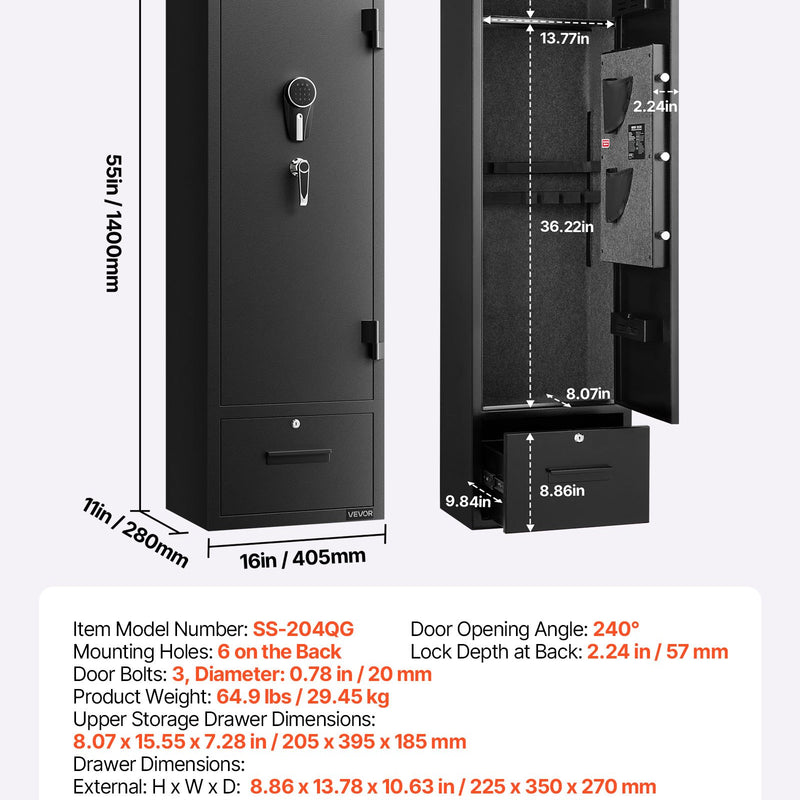VEVOR seifs 4 šaujamieročiem, garo ieroču un pistoles skapis ar ātras piekļuves slēdzeni, 2 munīcijas nodalījumiem, 2 pistoles kabatām un 2 regulējamām plauktiem, liels digitālais skapis ar atslēgu un paroli