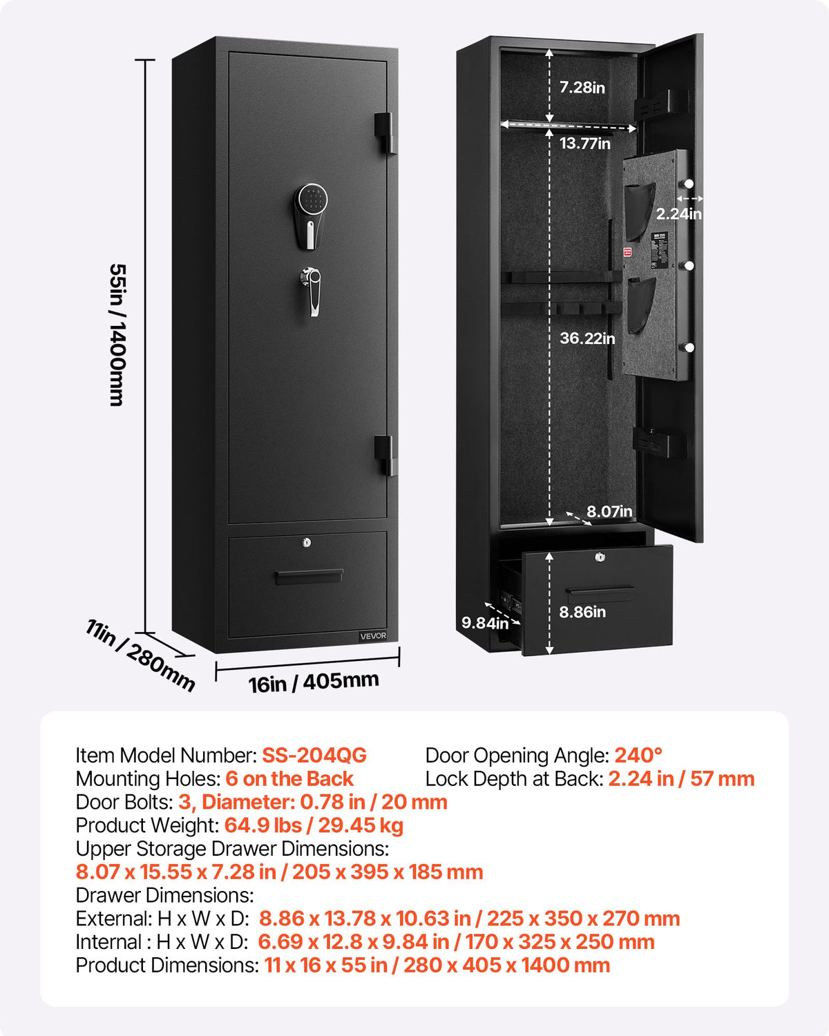 VEVOR Gun Safe for 4 Firearms, Long Gun and Pistol Cabinet with Quick Access Lock, 2 Ammunition Compartments, 2 Pistol Pockets and 2 Adjustable Shelves, Large Digital Cabinet with Key and Password