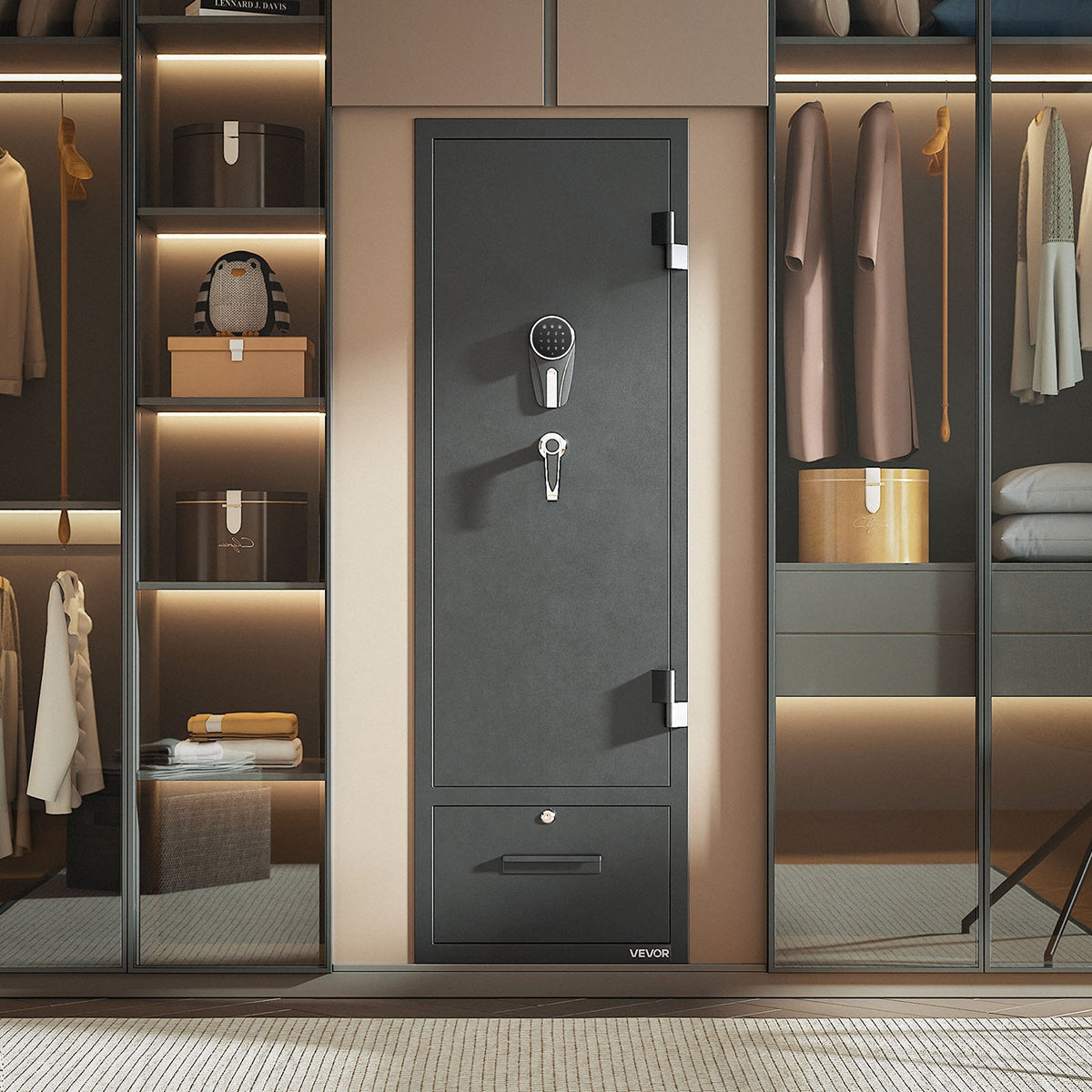 VEVOR Gun Safe for 4 Firearms, Long Gun and Pistol Cabinet with Quick Access Lock, 2 Ammunition Compartments, 2 Pistol Pockets and 2 Adjustable Shelves, Large Digital Cabinet with Key and Password