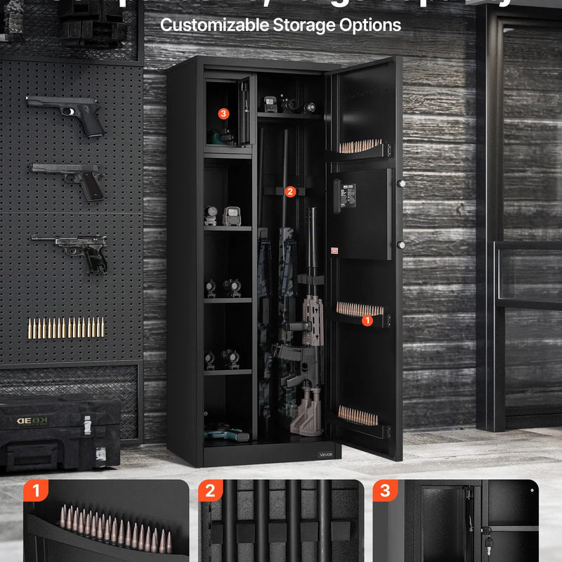 VEVOR ieroču seifs 4 šautenēm, garo ieroču un pistoles skapis, ātrās piekļuves šauteņu seifs ar 3 patronu nodalījumiem un 2 regulējamām turētāju rindām, liels digitālais seifs ar atslēgas un paroles slēdzeni