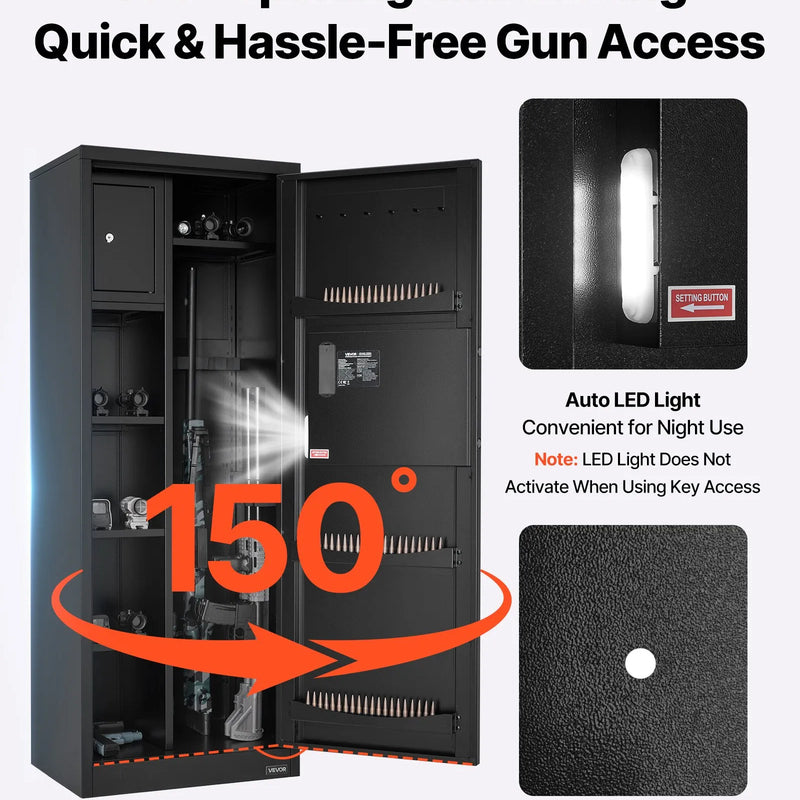 VEVOR ieroču seifs 4 šautenēm, garo ieroču un pistoles skapis, ātrās piekļuves šauteņu seifs ar 3 patronu nodalījumiem un 2 regulējamām turētāju rindām, liels digitālais seifs ar atslēgas un paroles slēdzeni