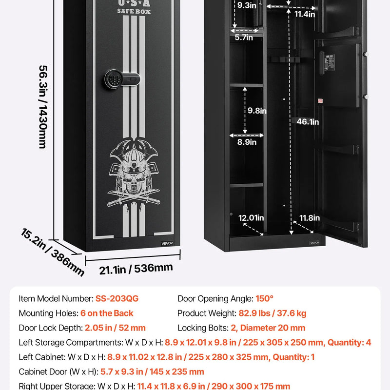 VEVOR ieroču seifs 4 šautenēm, garo ieroču un pistoles skapis, ātrās piekļuves šauteņu seifs ar 3 patronu nodalījumiem un 2 regulējamām turētāju rindām, liels digitālais seifs ar atslēgas un paroles slēdzeni