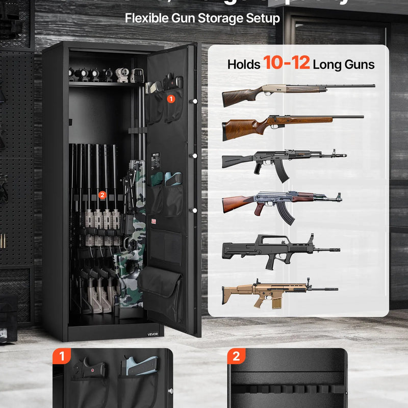 VEVOR ieroču seifs 10–12 šautenēm, garo ieroču un pistoles skapis, ātrās piekļuves šauteņu seifs ar 4 pistoles kabatām un 3 regulējamām turētāju rindām, liels digitālais seifs ar atslēgas un paroles slēdzeni