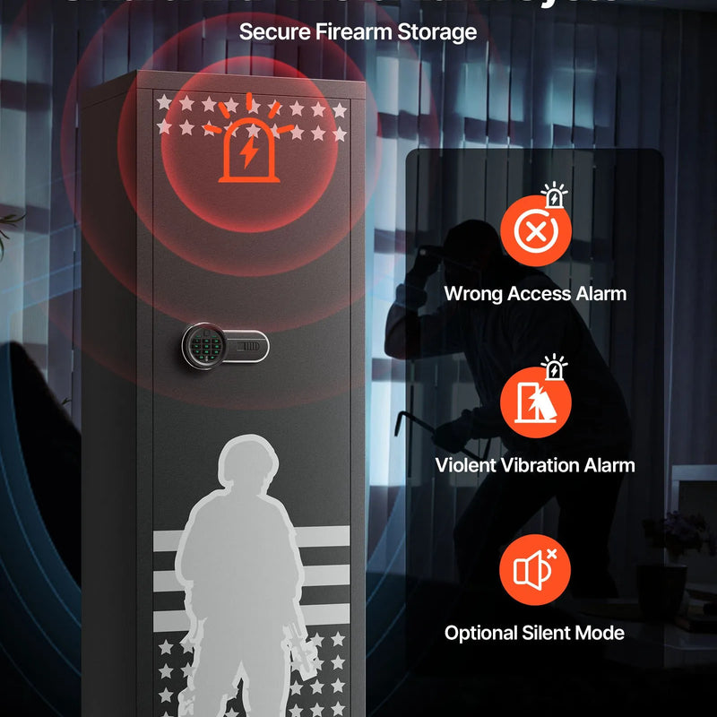 VEVOR ieroču seifs 10–12 šautenēm, garo ieroču un pistoles skapis, ātrās piekļuves šauteņu seifs ar 4 pistoles kabatām un 3 regulējamām turētāju rindām, liels digitālais seifs ar atslēgas un paroles slēdzeni