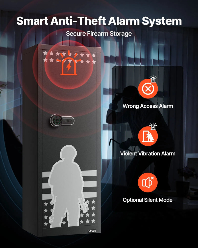 VEVOR ieroču seifs 10–12 šautenēm, garo ieroču un pistoles skapis, ātrās piekļuves šauteņu seifs ar 4 pistoles kabatām un 3 regulējamām turētāju rindām, liels digitālais seifs ar atslēgas un paroles slēdzeni