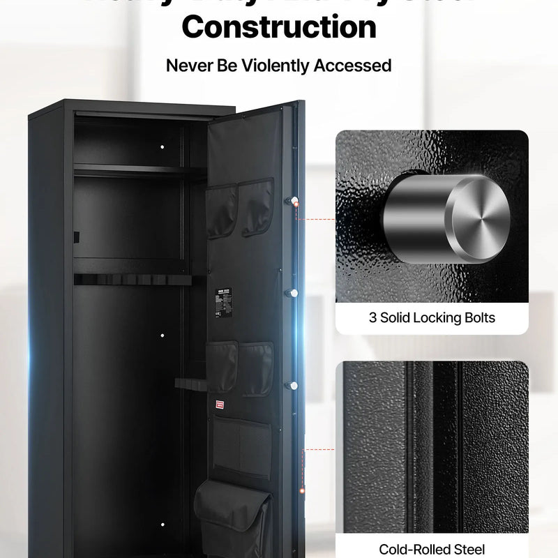 VEVOR ieroču seifs 10–12 šautenēm, garo ieroču un pistoles skapis, ātrās piekļuves šauteņu seifs ar 4 pistoles kabatām un 3 regulējamām turētāju rindām, liels digitālais seifs ar atslēgas un paroles slēdzeni