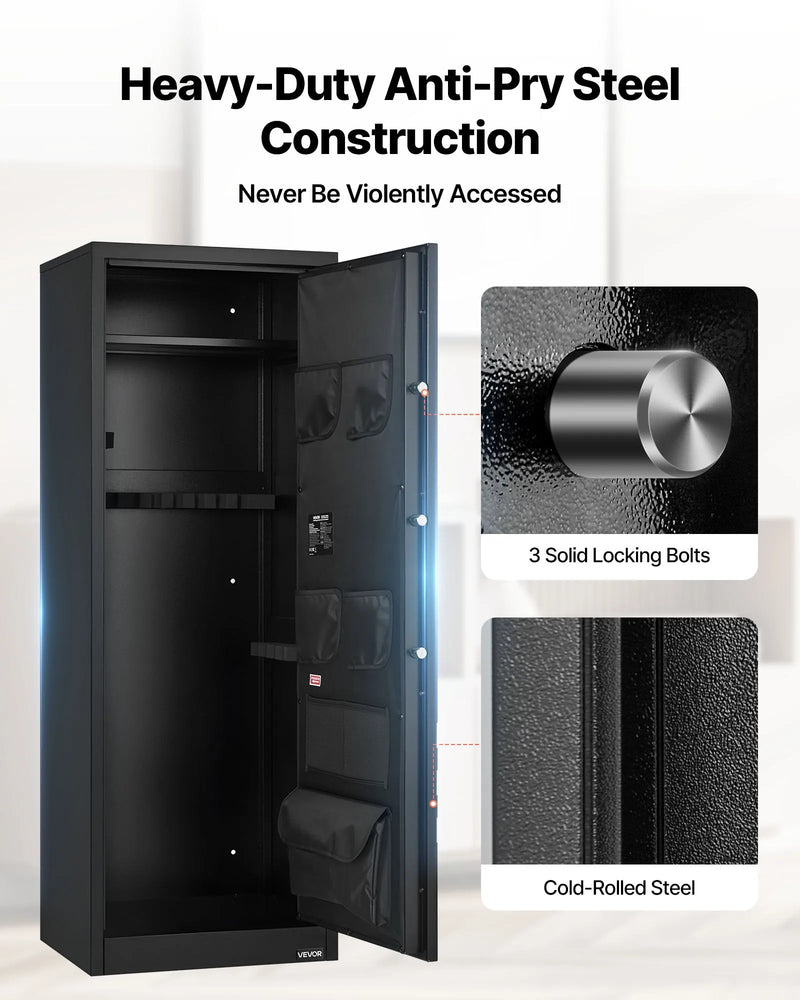 VEVOR ieroču seifs 10–12 šautenēm, garo ieroču un pistoles skapis, ātrās piekļuves šauteņu seifs ar 4 pistoles kabatām un 3 regulējamām turētāju rindām, liels digitālais seifs ar atslēgas un paroles slēdzeni