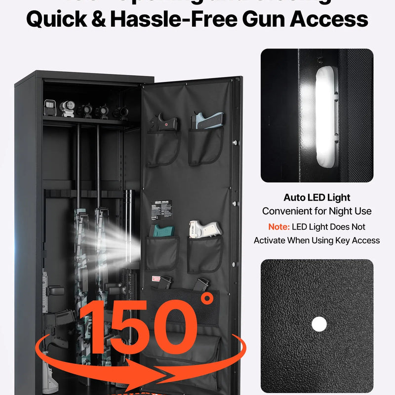 VEVOR ieroču seifs 10–12 šautenēm, garo ieroču un pistoles skapis, ātrās piekļuves šauteņu seifs ar 4 pistoles kabatām un 3 regulējamām turētāju rindām, liels digitālais seifs ar atslēgas un paroles slēdzeni
