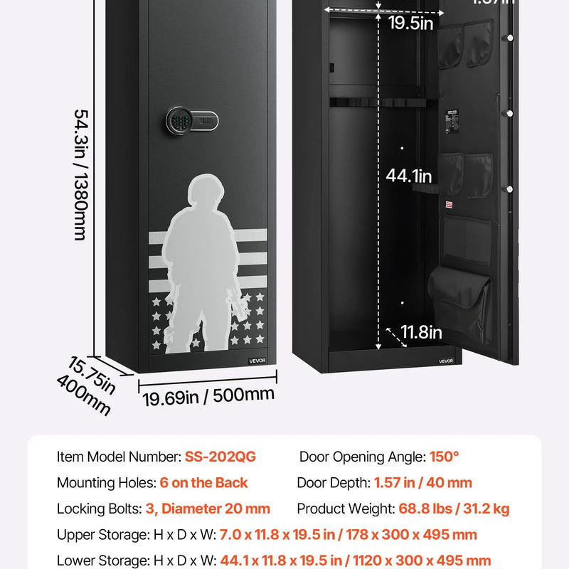 VEVOR ieroču seifs 10–12 šautenēm, garo ieroču un pistoles skapis, ātrās piekļuves šauteņu seifs ar 4 pistoles kabatām un 3 regulējamām turētāju rindām, liels digitālais seifs ar atslēgas un paroles slēdzeni