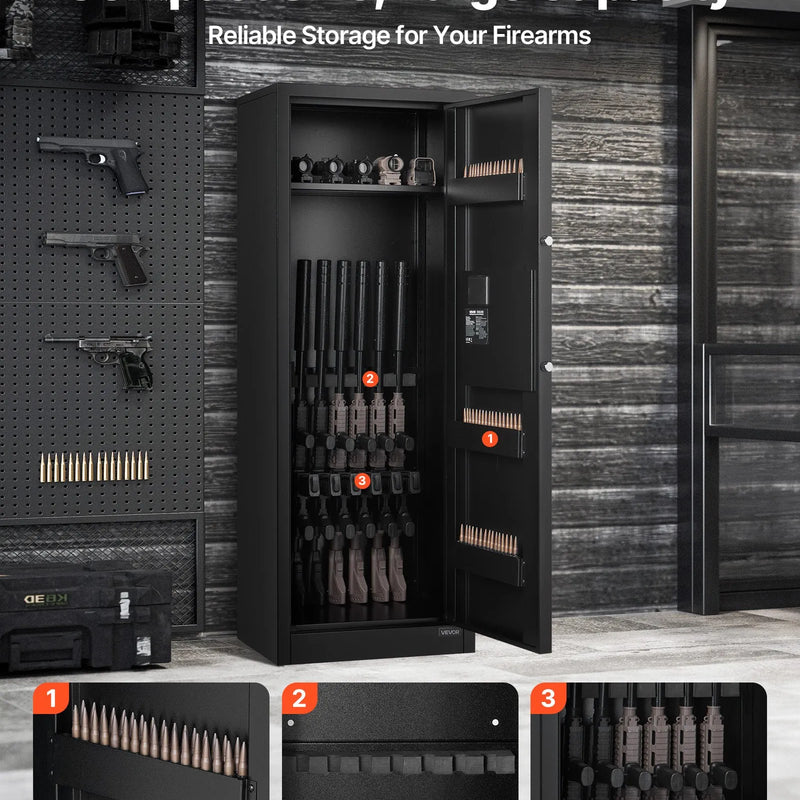 VEVOR ieroču seifs 6–8 šautenēm, garo ieroču un pistoles skapis, ātrās piekļuves šauteņu seifs ar 3 patronu nodalījumiem un 2 regulējamām turētāju rindām, liels digitālais seifs ar atslēgas un paroles slēdzeni