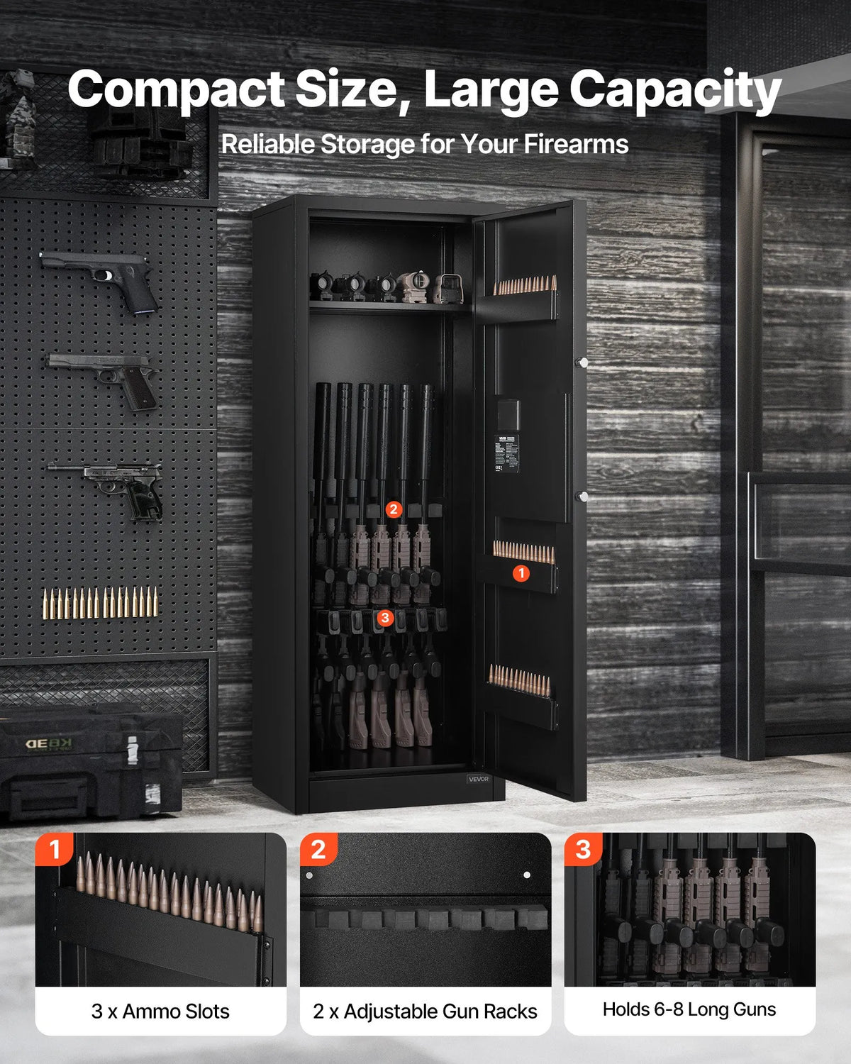 VEVOR Gun Safe for 6-8 Rifles, Long Gun and Pistol Cabinet, Quick Access Rifle Safe with 3 Ammo Compartments and 2 Adjustable Rod Racks, Large Digital Safe with Key and Password Lock