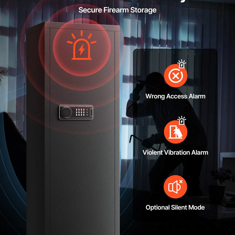 VEVOR ieroču seifs 6–8 šautenēm, garo ieroču un pistoles skapis, ātrās piekļuves šauteņu seifs ar 3 patronu nodalījumiem un 2 regulējamām turētāju rindām, liels digitālais seifs ar atslēgas un paroles slēdzeni