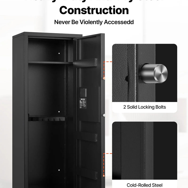 VEVOR ieroču seifs 6–8 šautenēm, garo ieroču un pistoles skapis, ātrās piekļuves šauteņu seifs ar 3 patronu nodalījumiem un 2 regulējamām turētāju rindām, liels digitālais seifs ar atslēgas un paroles slēdzeni