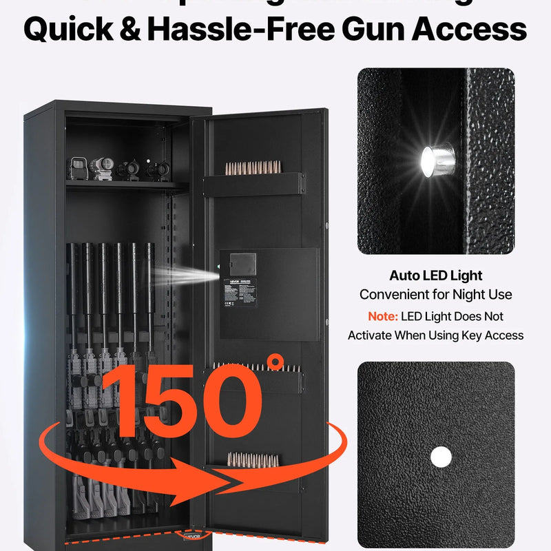 VEVOR ieroču seifs 6–8 šautenēm, garo ieroču un pistoles skapis, ātrās piekļuves šauteņu seifs ar 3 patronu nodalījumiem un 2 regulējamām turētāju rindām, liels digitālais seifs ar atslēgas un paroles slēdzeni