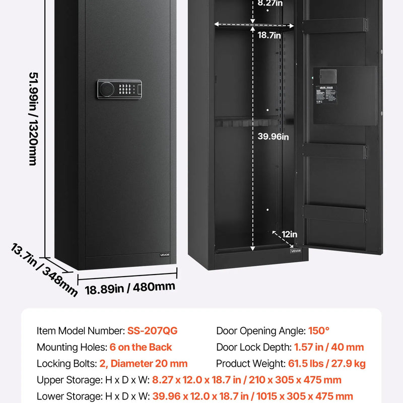 VEVOR ieroču seifs 6–8 šautenēm, garo ieroču un pistoles skapis, ātrās piekļuves šauteņu seifs ar 3 patronu nodalījumiem un 2 regulējamām turētāju rindām, liels digitālais seifs ar atslēgas un paroles slēdzeni