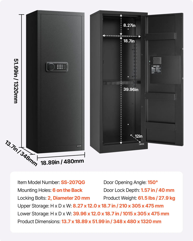 VEVOR ieroču seifs 6–8 šautenēm, garo ieroču un pistoles skapis, ātrās piekļuves šauteņu seifs ar 3 patronu nodalījumiem un 2 regulējamām turētāju rindām, liels digitālais seifs ar atslēgas un paroles slēdzeni