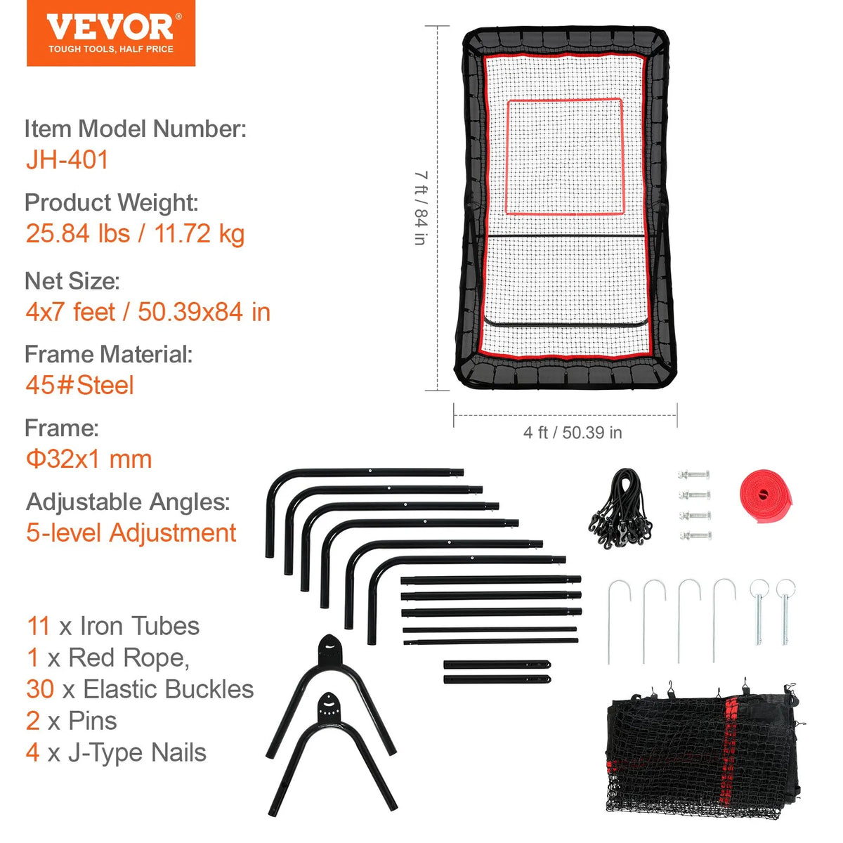 VEVOR Rebound Net 1.22 × 2.13 m with Adjustable Angle for Lacrosse, Volleyball and Baseball
