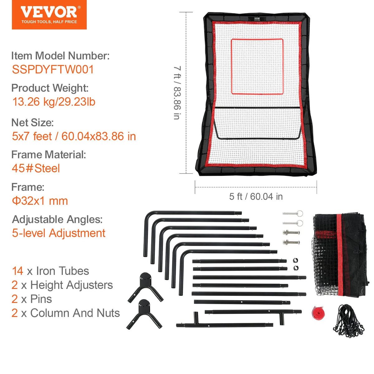 VEVOR Rebound Net 1.52 × 2.13 m with Adjustable Angle for Lacrosse, Volleyball and Baseball