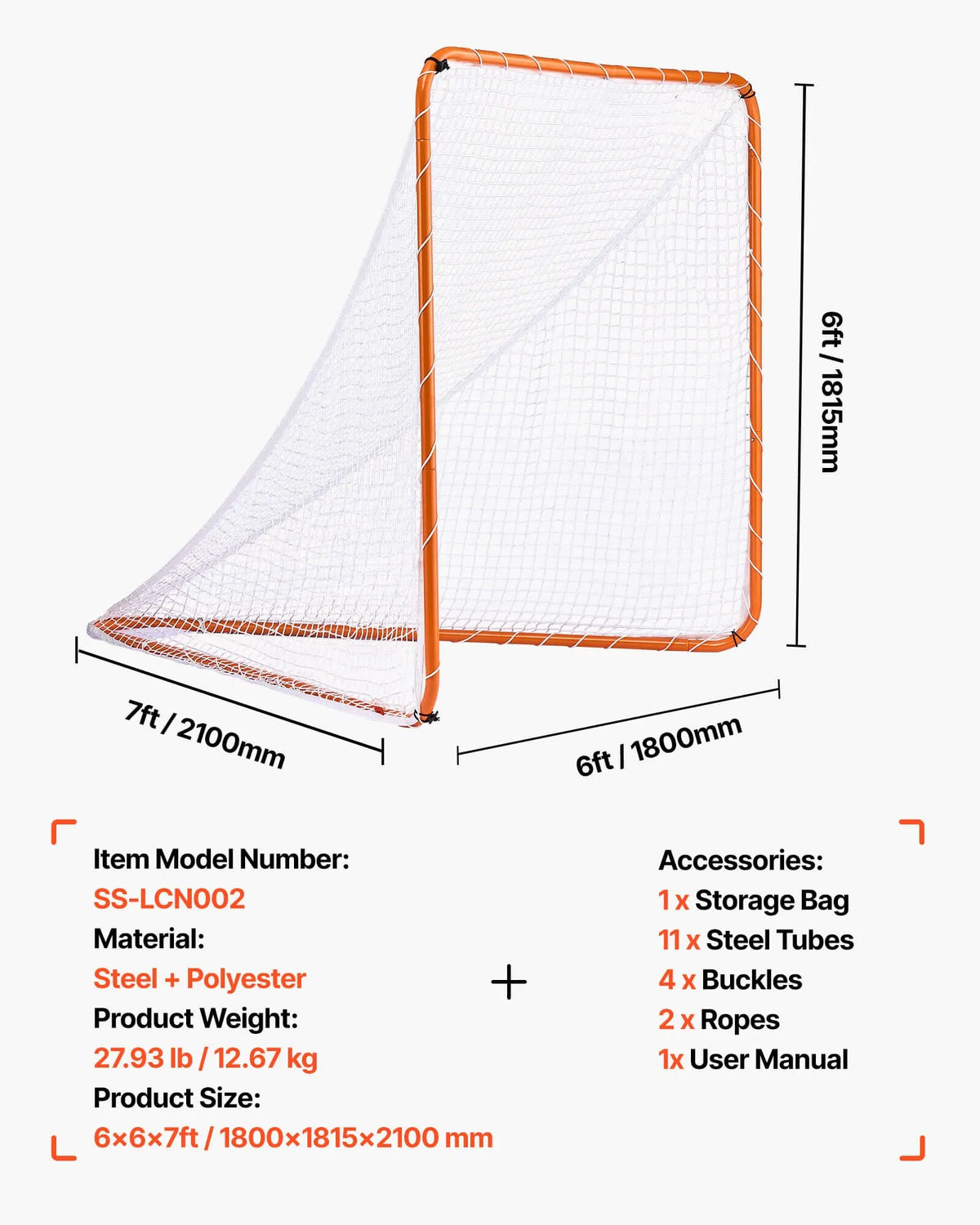 VEVOR Lacrosse Goal 1.83 × 1.83 m with Steel Frame and Bag, Portable, Orange