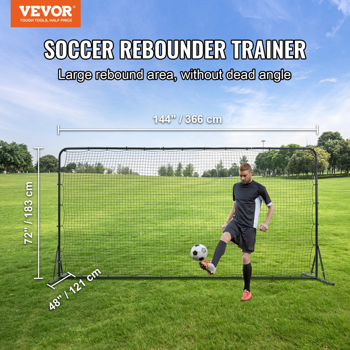 VEVOR futbola atsitiena tīkls 366 × 183 cm ar somu, futbola un volejbola treniņiem