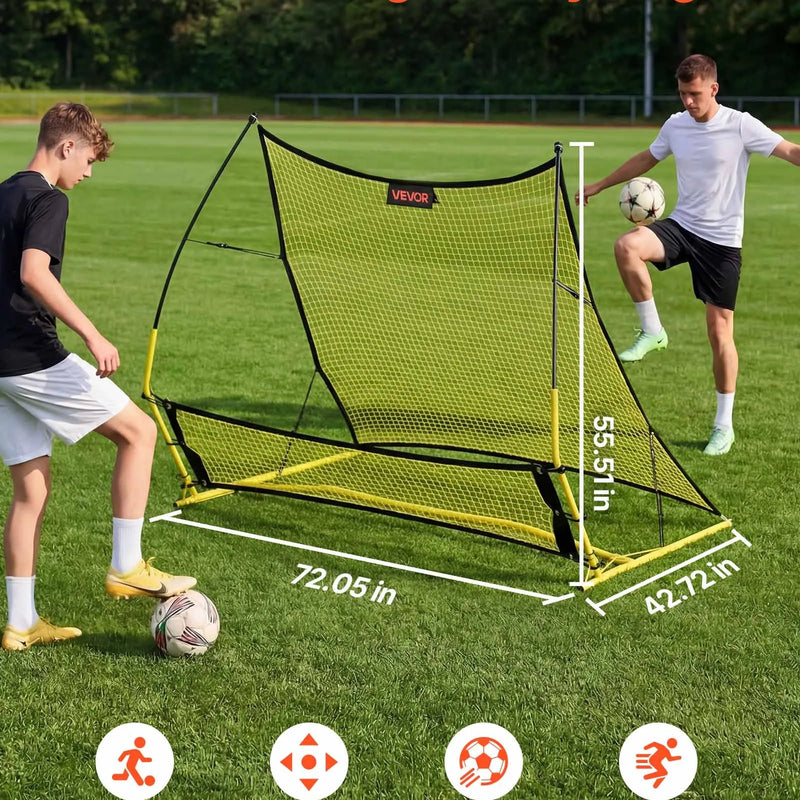 VEVOR futbola atsitiena tīkls 2 vienā, 1830 × 1085 mm, futbola treniņu vārti piespēļu, bumbas kontroles un reakcijas treniņiem, ar stiklašķiedras stieņiem un tērauda rāmi