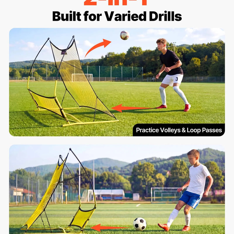 VEVOR futbola atsitiena tīkls 2 vienā, 1830 × 1085 mm, futbola treniņu vārti piespēļu, bumbas kontroles un reakcijas treniņiem, ar stiklašķiedras stieņiem un tērauda rāmi
